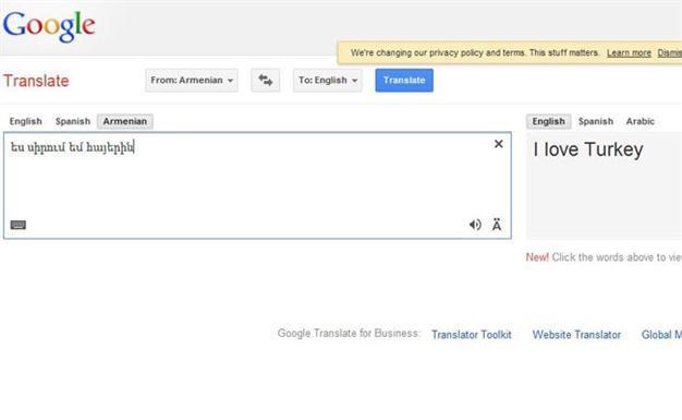 Google translates I love Armenians as I love Turkey