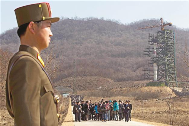 Rocket in position at launch pad in N Korea