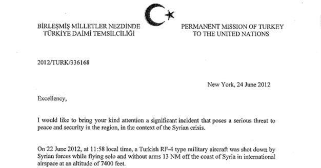 Turkey sends letter to UN on jet downed by Syria