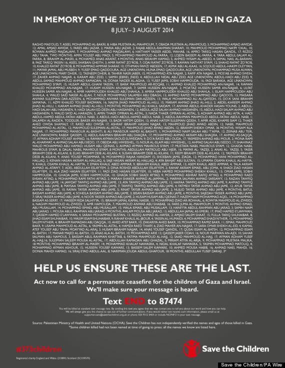 Charity lists dead Gaza children in British paper ads