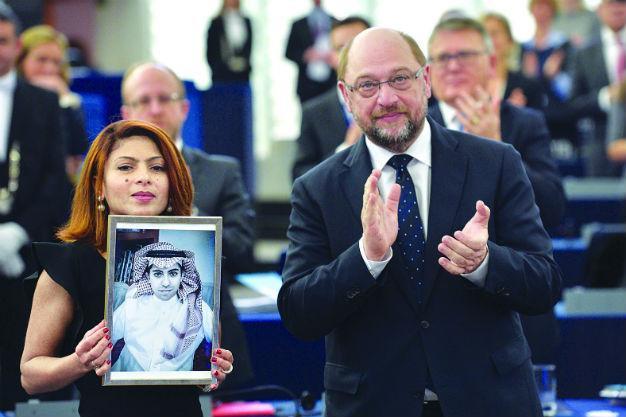 Saudi blogger’s wife accepts EU Sakharov prize for jailed husband