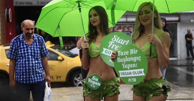 PETA activists wear lettuce bikinis in Istanbul animal rights protest
