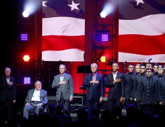 Former presidents take stage at hurricane benefit concert