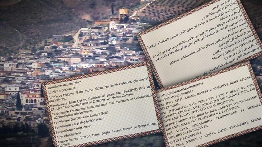 Turkey airdrops notes in three languages in Afrin