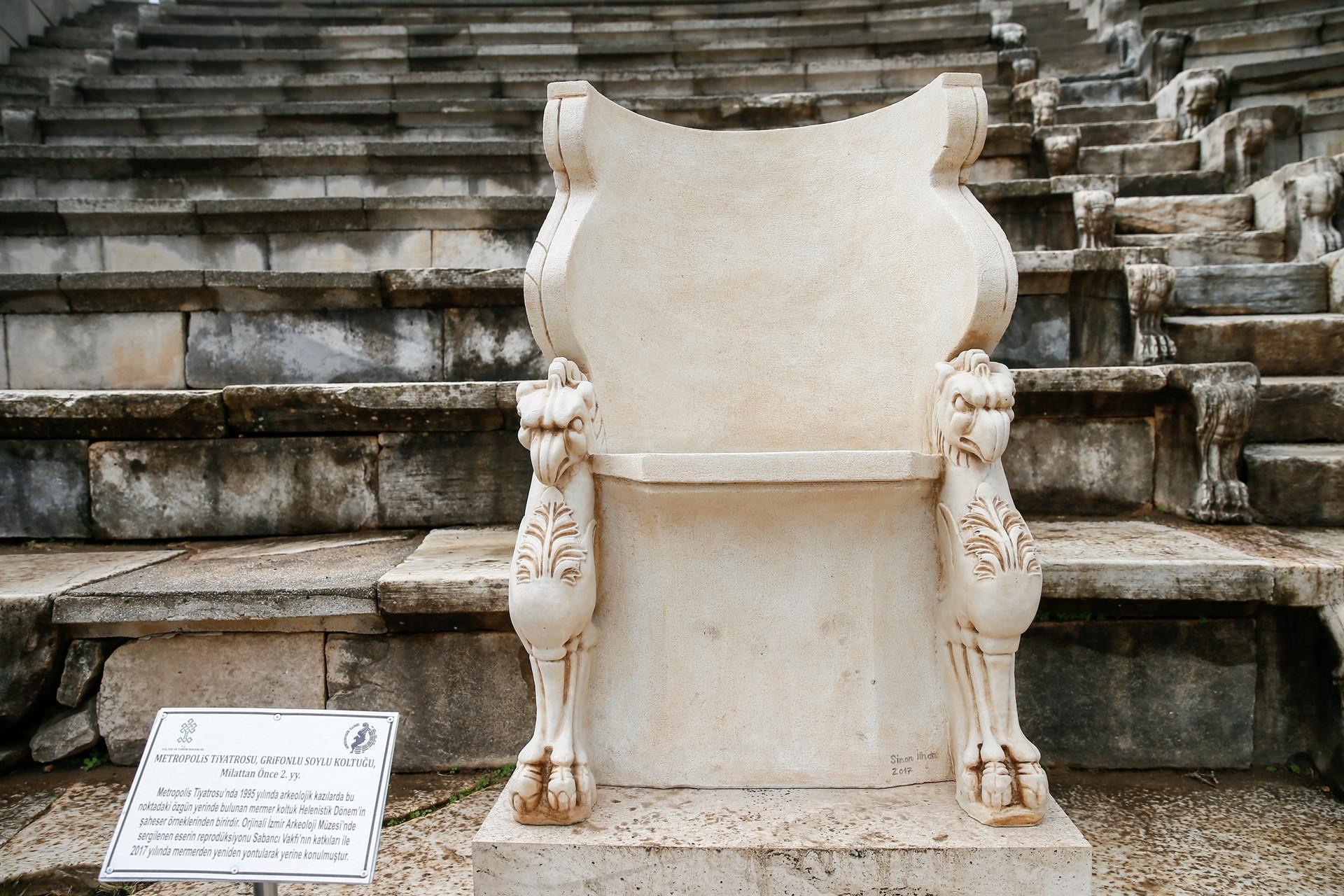 Theater of ancient Metropolis crowned with reproduction of griffin seat