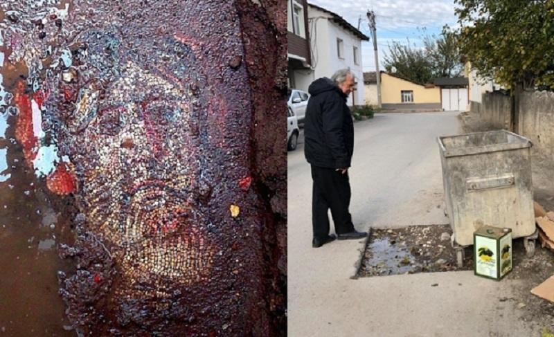 Roman-era mosaic left underneath dumpster in Bursa