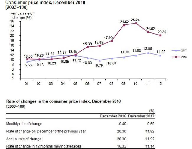 Turkey’s inflation rate falls 0.4 pct monthly in December 2018
