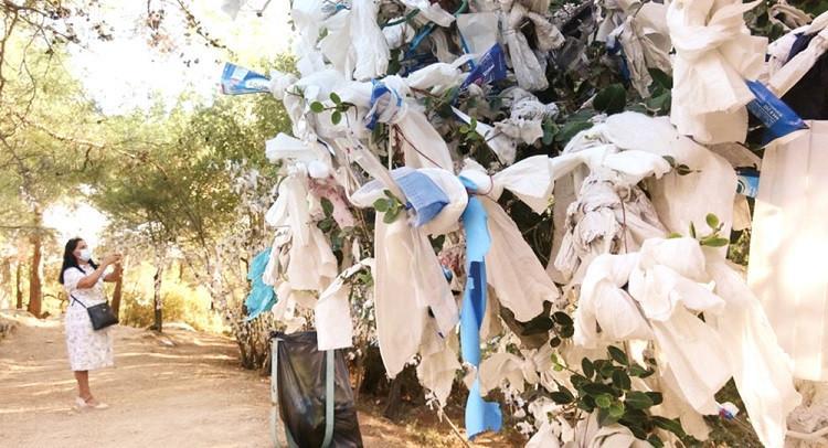 Masks replace threads on wish trees near Zeus Altar
