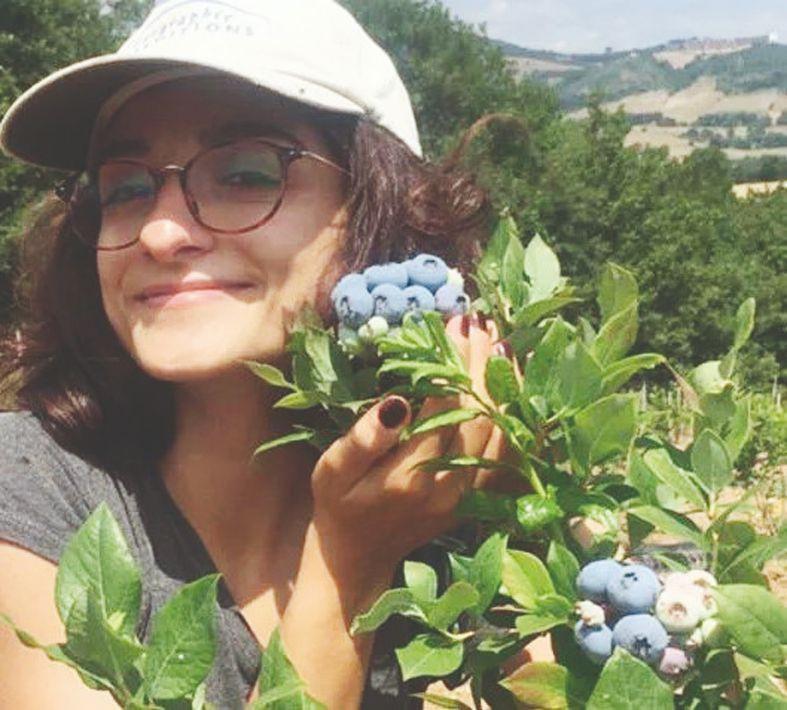 Young woman earns money from blueberries