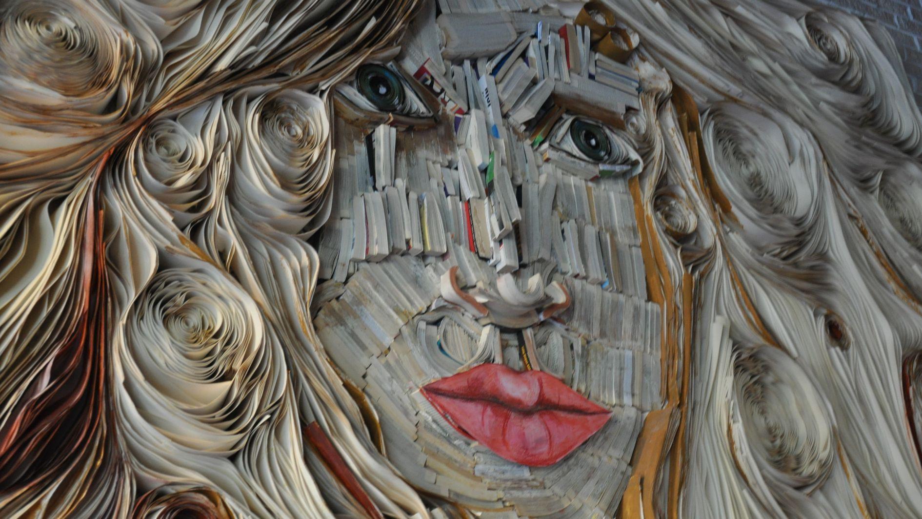 Portrait made of books highlights zero-waste art