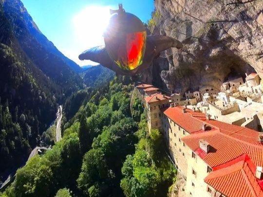 Wingsuit pilot from Ireland glides past Sümela Monastery