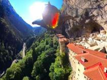 Wingsuit pilot from Ireland glides past Sümela Monastery