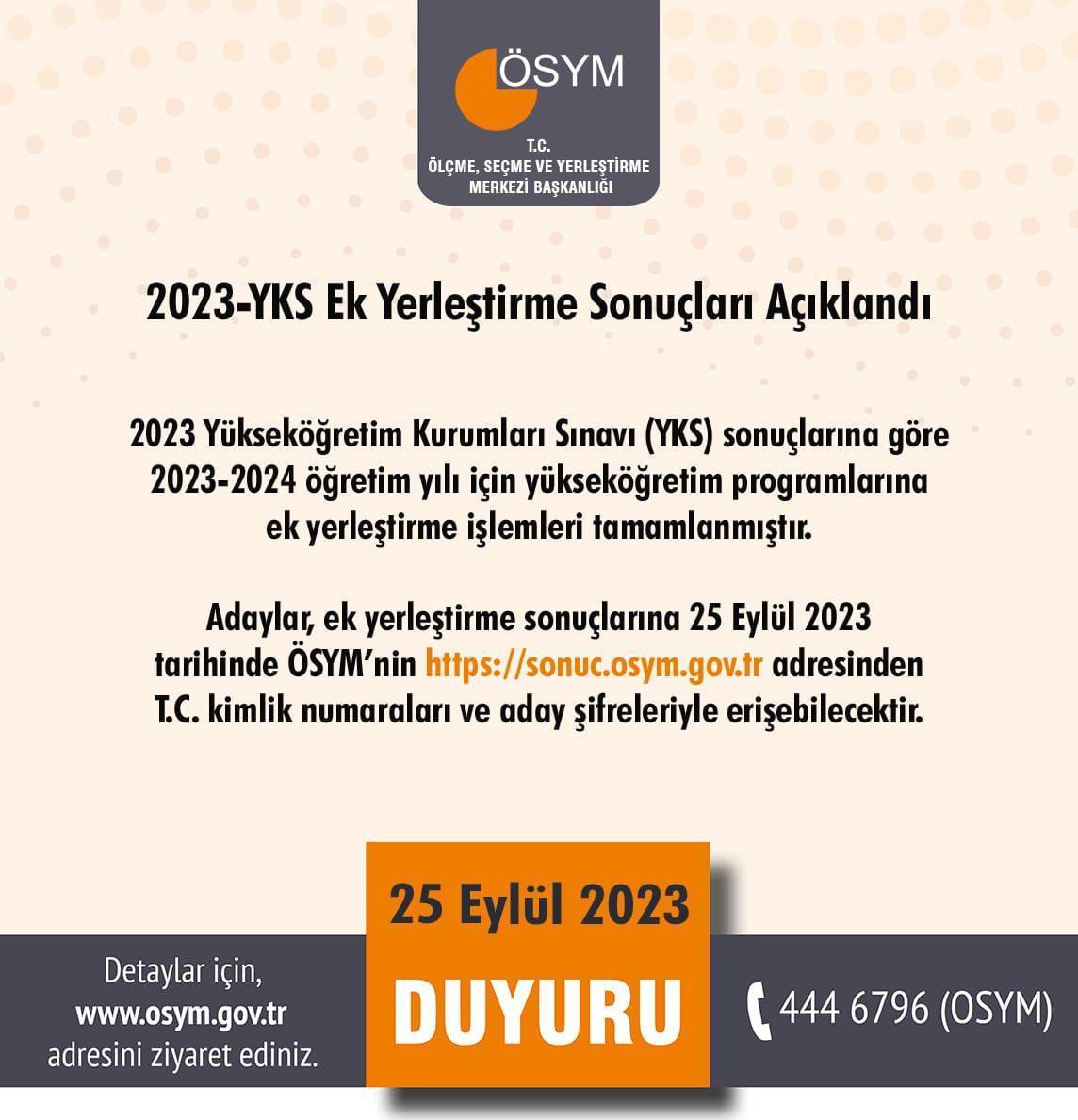 TEK- TIKLA YKS EK TERCİH SONUÇLARI 2023 SORGULA (sonuc.osym.gov.tr)