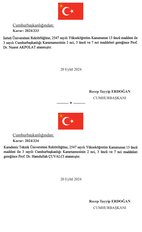 RESMİ GAZETE KARARLARI 21 EYLÜL 2024 | Bakanlık Atamaları Ve Rektör ...