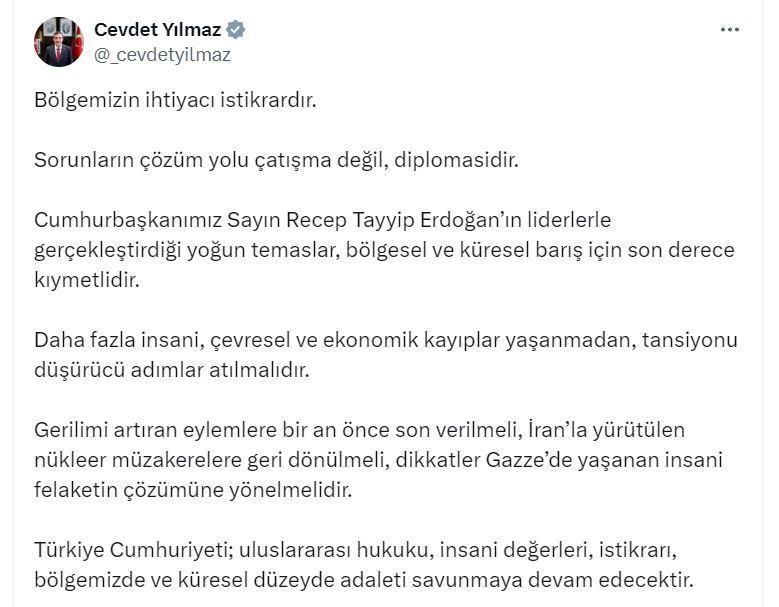 Cevdet Yılmaz'dan İsrail-İran Çatışmasına Açıklama: Gerilimin Artmasına Derhal Son Verilmeli!