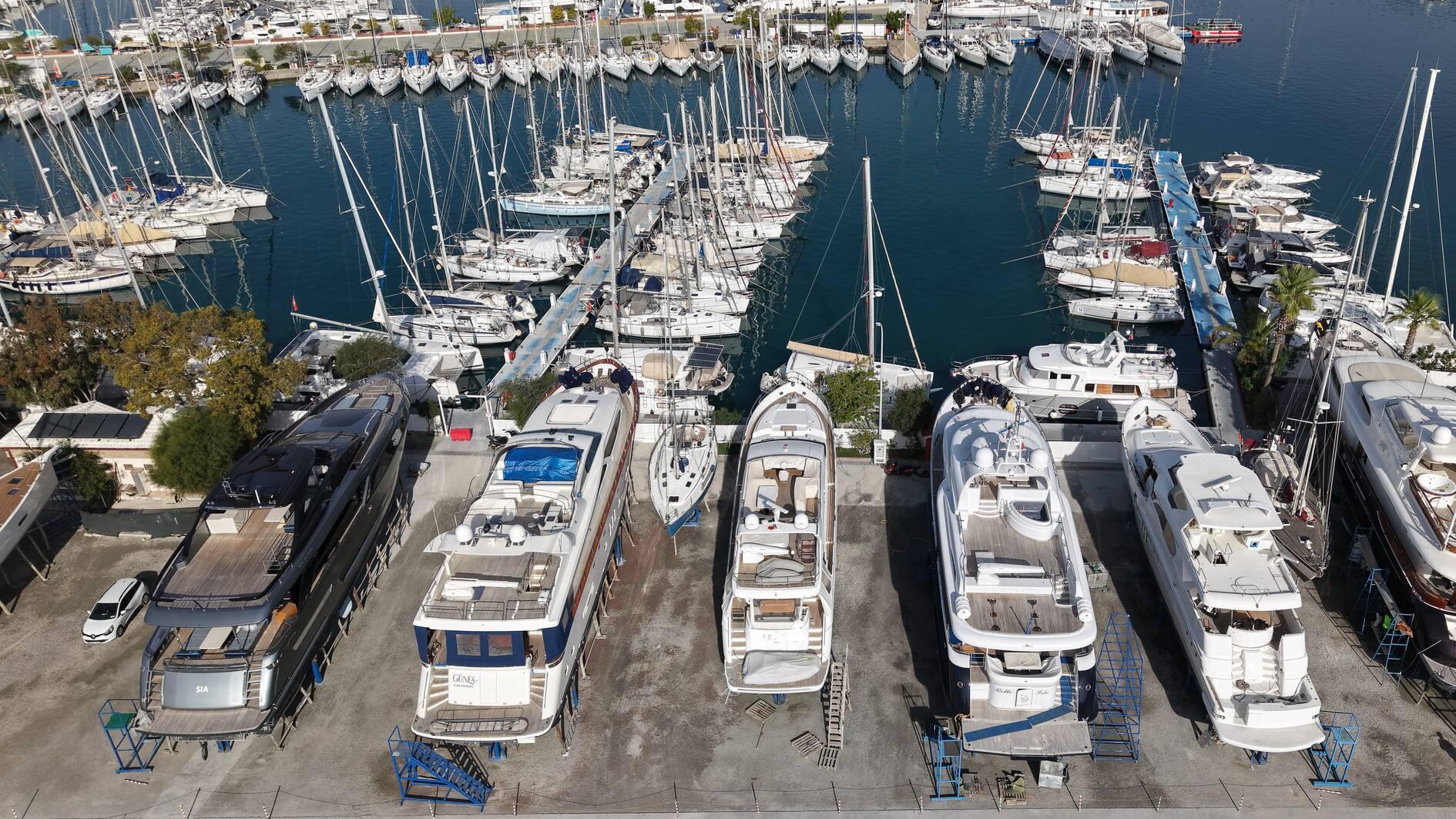 Mega yachts hauled out for winter maintenance in Marmaris