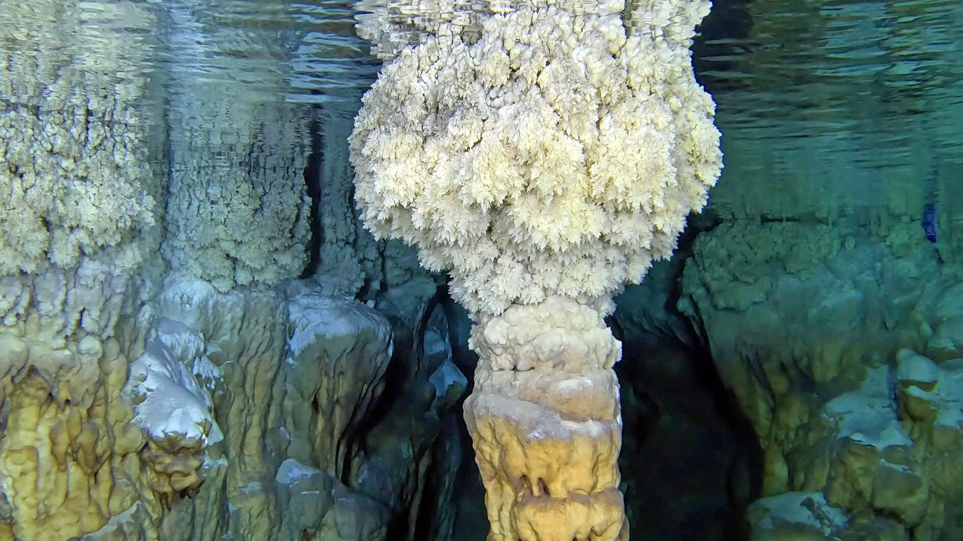 Underwater formations of Gilindire Cave on camera