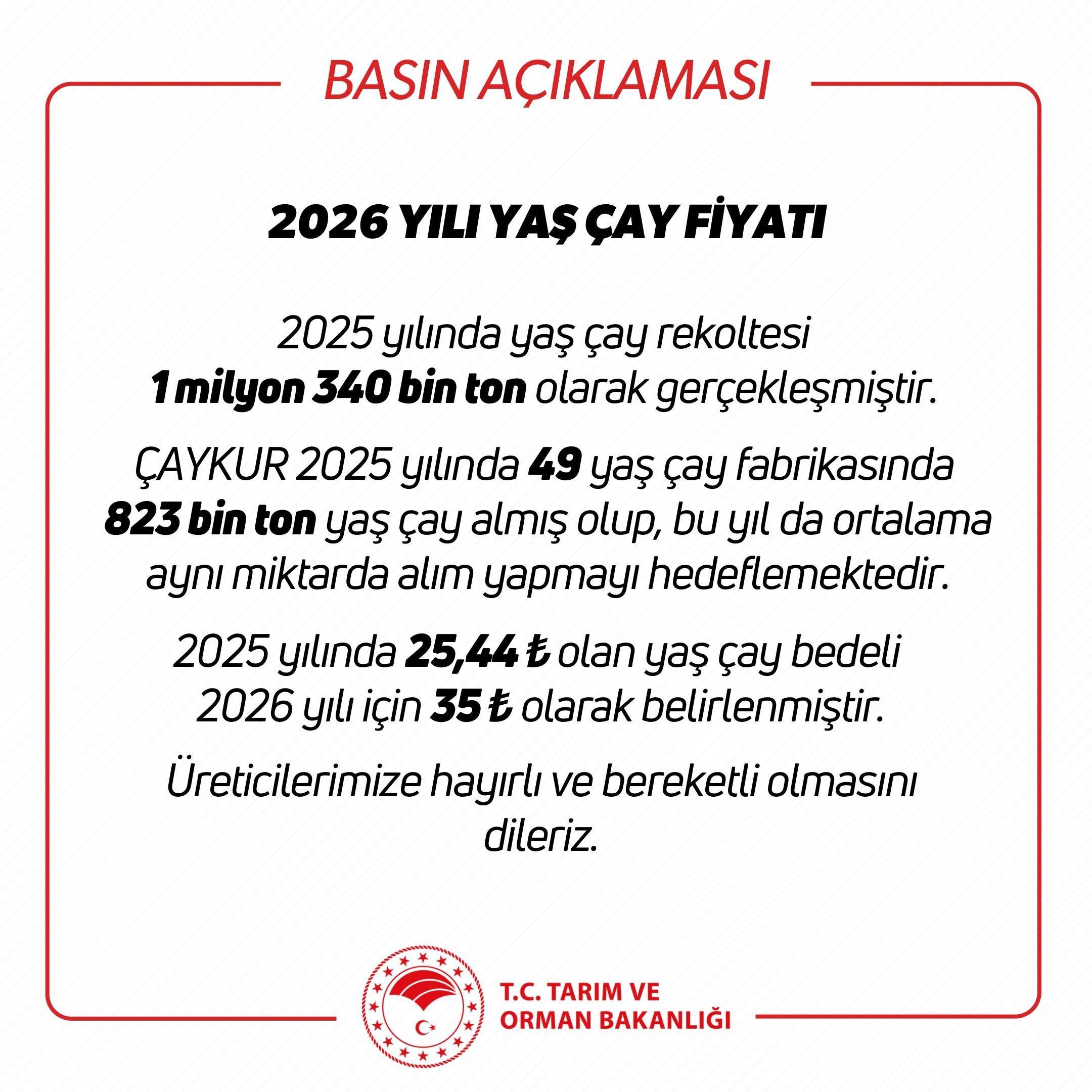 2026 YILI YAŞ ÇAY ALIM FİYATLARI AÇIKLANDI