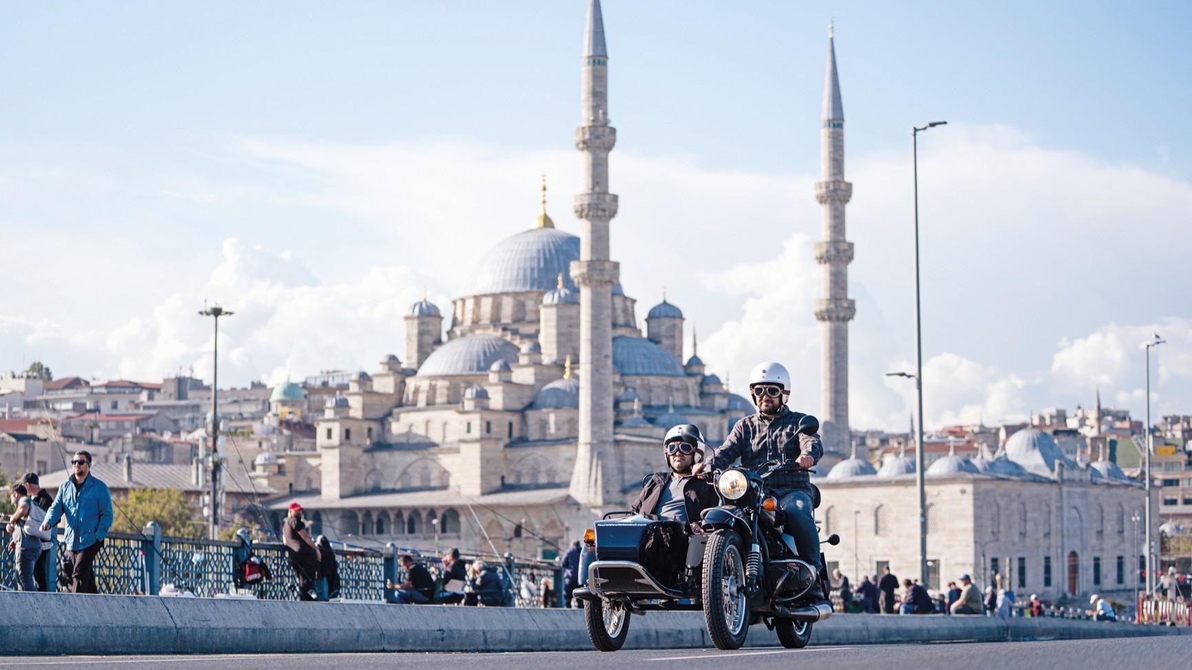 Tourists explore Istanbul streets on retro sidecar motorcycles