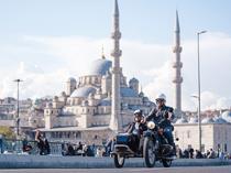 Tourists explore Istanbul streets on retro sidecar motorcycles