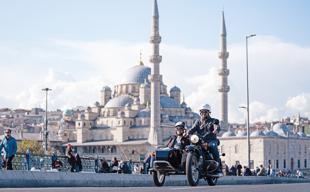 Tourists explore Istanbul streets on retro sidecar motorcycles