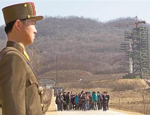 Rocket in position at launch pad in N Korea