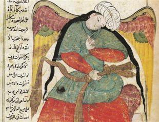 Angels fly on high multicolored wings