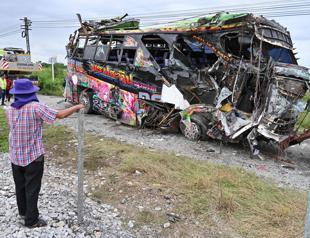 Bus-train collision in central Thailand leaves at least 17 dead