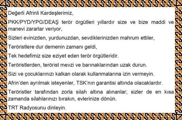 Turkish army airdrops info sheets in Afrin during military operation