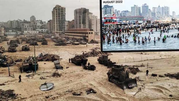 Gazze’de yıkımın fotoğrafı... Çocukların oynadığı kumsalda tanklar var