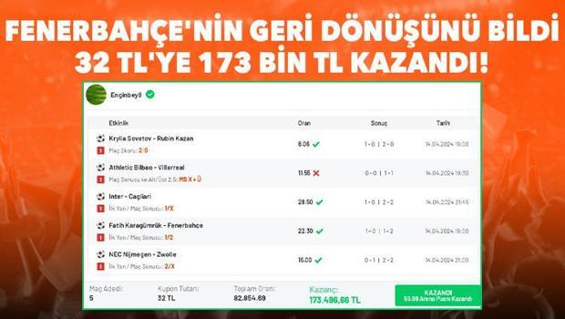 Fenerbahçe maçına 2'den 1 bildi, 32 TL'ye 173 bin TL kazandı