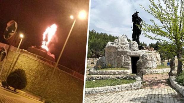 Denizli'de Köpekçi Nuri Efe heykeli yandı! 14 yaşındaki çocuk gözaltına alındı... 'Parkta yaktığım ateş sıçradı'