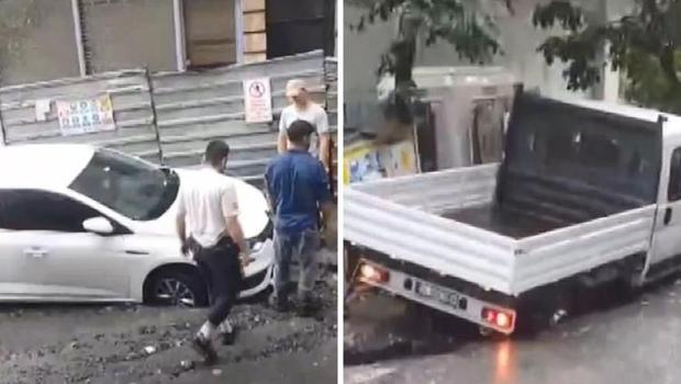 İstanbul'da sağanak sonrası asfalt çöktü, araçlar içine düştü