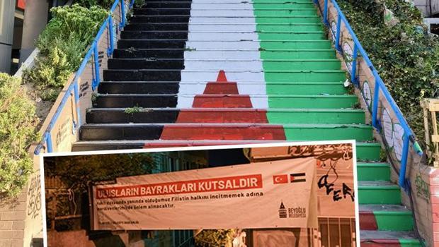 Merdivenlere Filistin Bayrağı çizilmişti... Beyoğlu Belediyesi'nden açıklama: Ulusların bayrakları kutsaldır