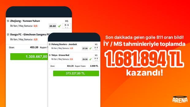 Son dakikada gelen golle 811 oran bildi! İY / MS tahminleriyle toplamda 1.681.894 TL kazandı