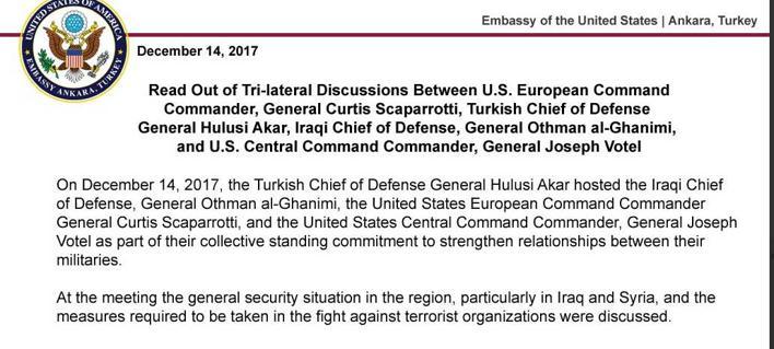 Turkish, American and Iraqi top generals discuss regional security at three-way meet