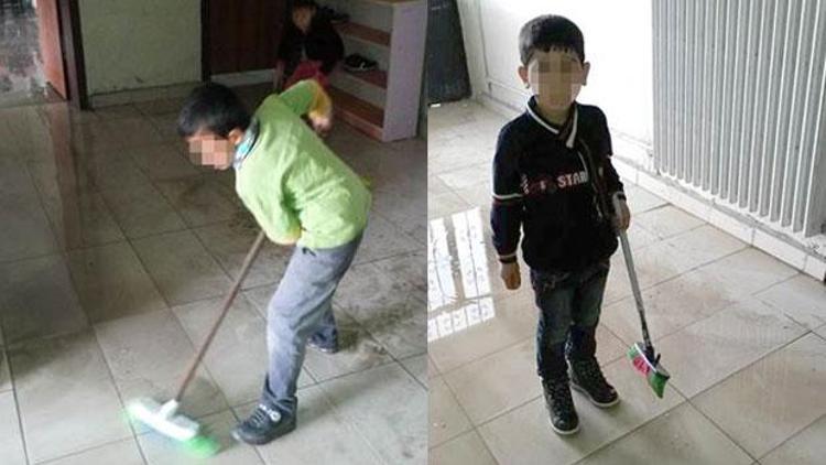 İlkokulda öğrenciler temizlik yapıyor