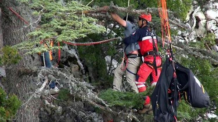 Ağaçta asılı kalan paraşütçü 14 saat kurtarılmayı bekledi