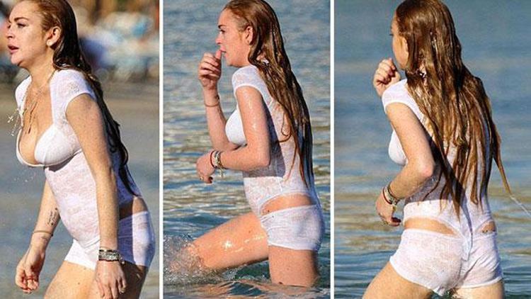 Lindsay Lohan iç çamaşırıyla denizde