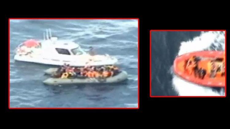 Yarı batık lastik bot içerisindeki Suriye uyruklu 60 kişi nefes kesen operasyonla kurtarıldı