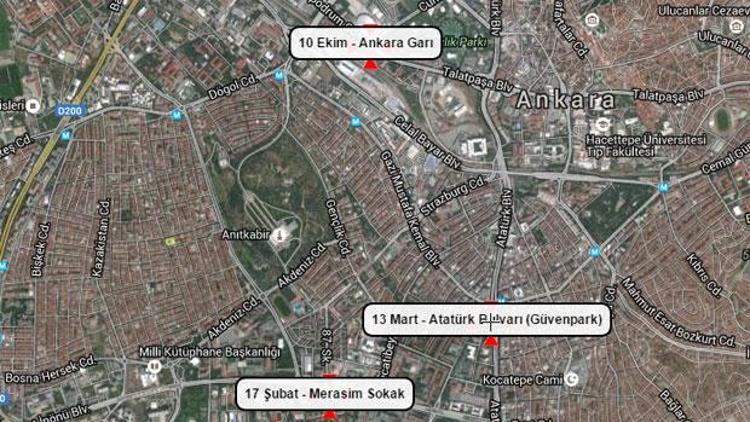 Son dakika…. Harita: Ankara patlaması 13.03.2016, 17.02.2016, 10.10.2015
