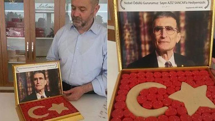 Nobel ödüllü Aziz Sancara badem ezmesinden Türk bayrağı