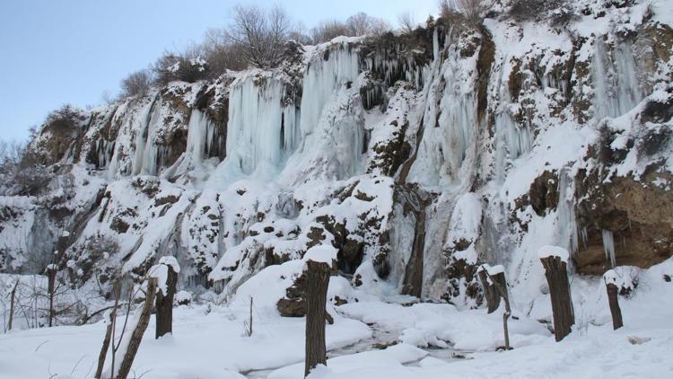 Erzincandaki Girlevik Şelalesi buz tuttu