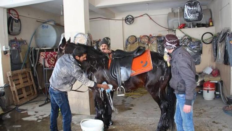 Kış Günü Tazyikli Soğuk Suyla Atın Hamlığını Aldılar