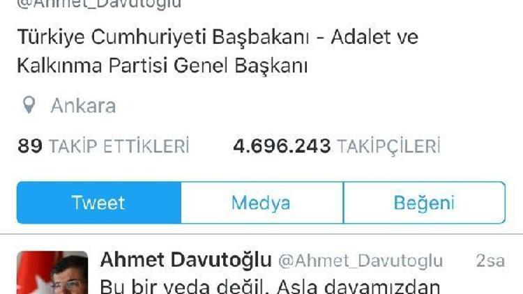 Davutoğlu, istifa sonrası Twitterdan Başbakan ve Genel Başkan ünvanlarını kaldırdı