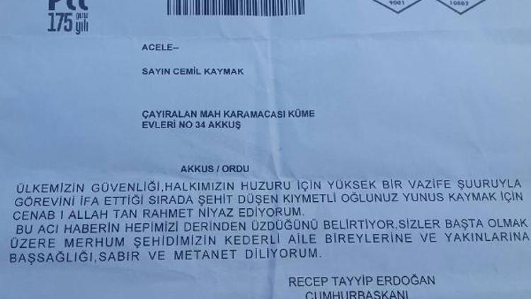 Şehit Yunus Kaymak’ın ailesine Cumhurbaşkanı Erdoğan’dan taziye mesajı