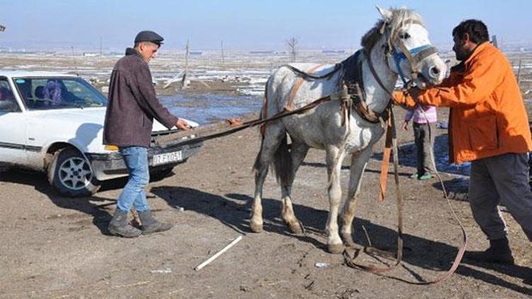 Atıyla donan aracını çekti