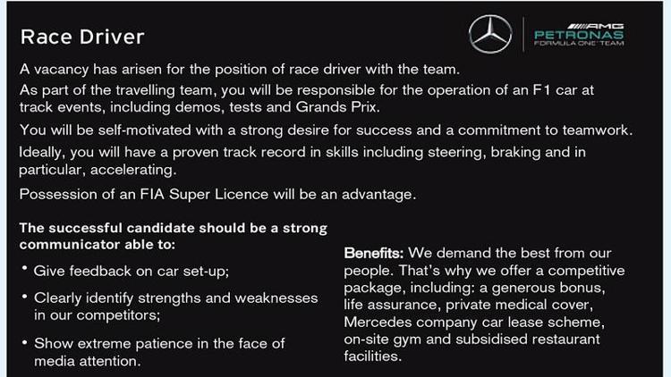 Mercedesten F1 Pilotu Aranıyor ilanı