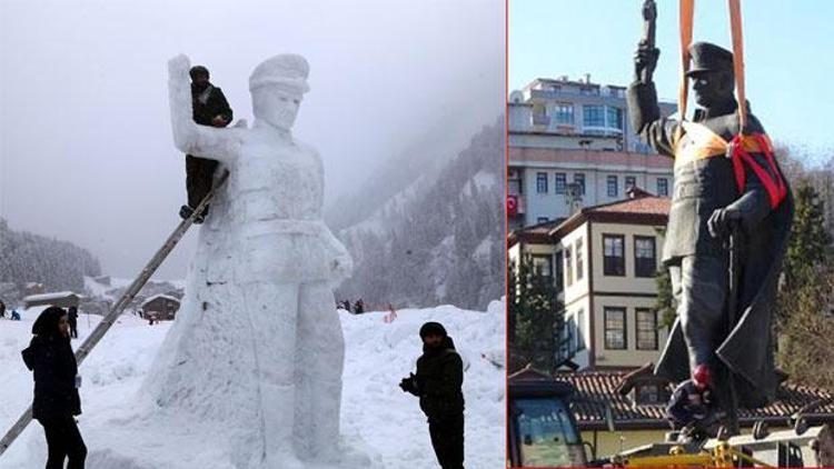 Rizeliler Atatürkün kaldırılan heykelini kardan inşa etti