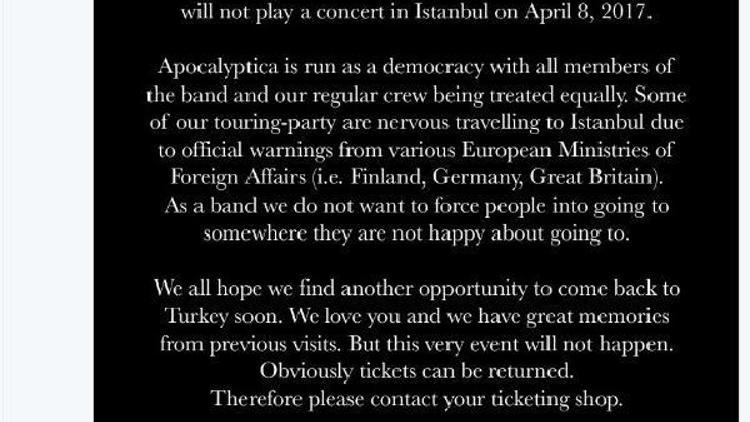 Apocalyptica, Türkiye konserini iptal etti